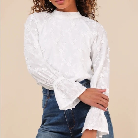Lulus Charismatic Romantic Embroidered Mock Neck Blouse Top, White, Size S - Picture 4 of 13